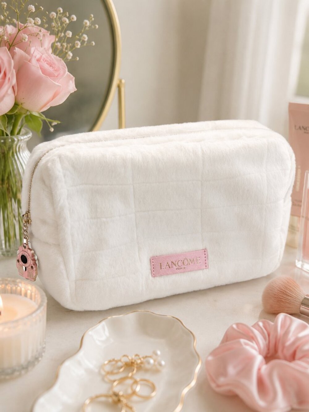 Lancôme Paris White Plush Cosmetic Makeup Bag Travel Toiletry Pouch NWOT